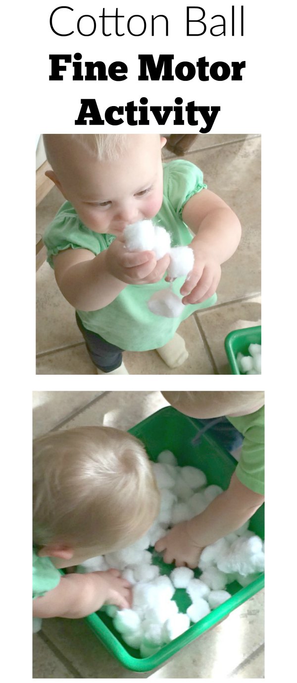 One item activities allow little ones to explore. This cotton ball toddler fine motor activity combines fine motor exploration with sensory and creativity. We made this into an indoor gross motor activity too. So much fun with one supply!