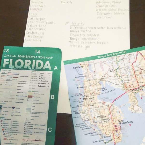 Map travel activity for school age kids to help learn map reading skills and keep them occupied on a road trip.