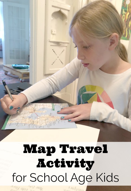 Map travel activity for school age kids to help learn map reading skills and keep them occupied on a road trip.