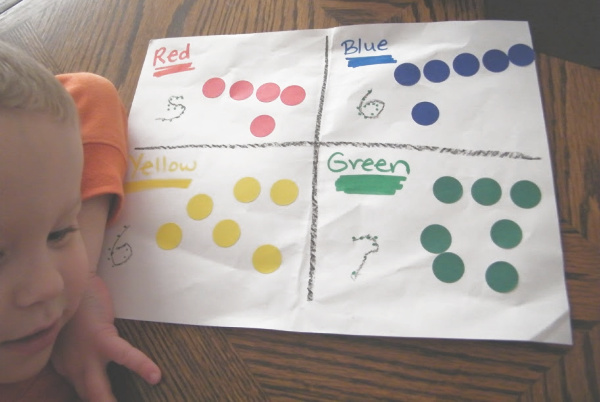 Color sorting and learning activity for preschool age kids that teaches color names, fine motor skills and sorting skills.