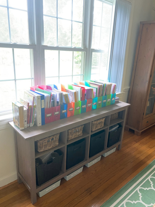 Organization tips for containing homeschool curriculum. Homeschool organization tips that work for virtual school too.