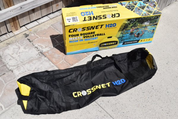Convenient carry bag to take the floating foursquare volleyball net on the go all summer long.