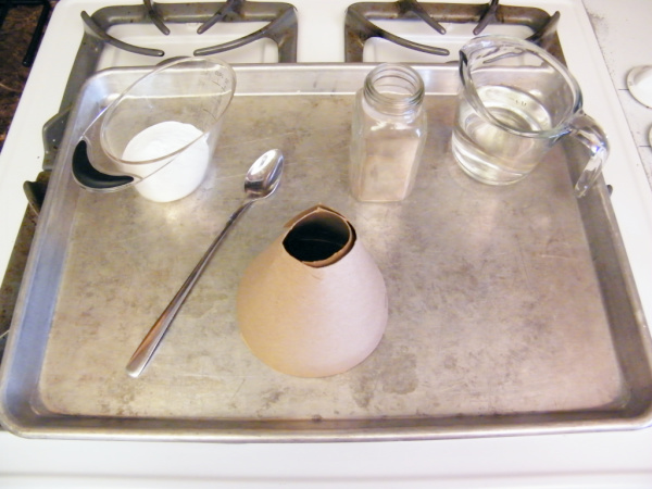 Pictured are the supplies needed for the exploring volcano experiment.