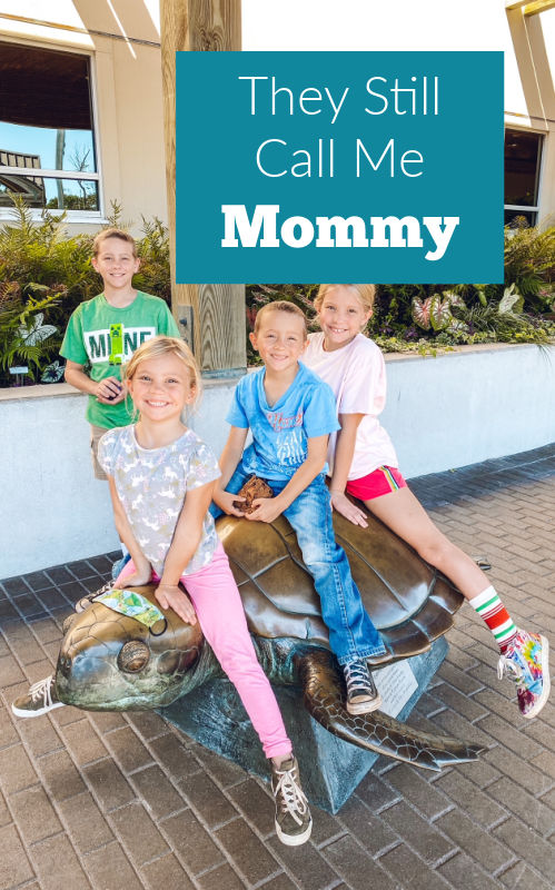Four kids sitting on turtle statue text reads they still call me mommy. What children call us is special to each mother.