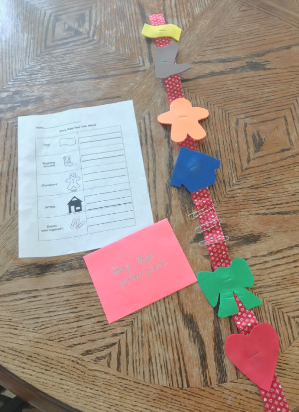 Story rope pieces shown glued onto the ribbon or rope.