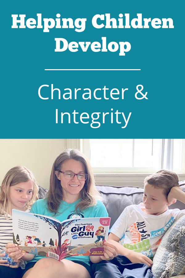 Mom reading to kids on a couch text reads helping children develop character and integrity.