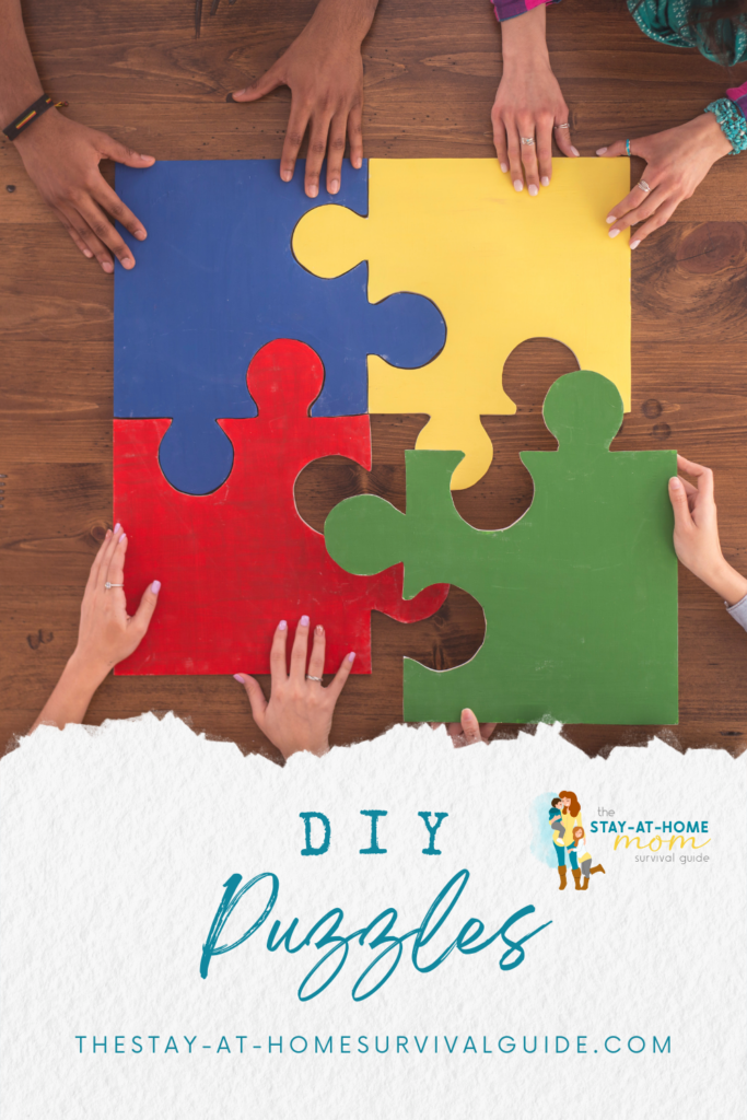 Four people each holding one large puzzle piece and putting them together on a table. Text reads DIY puzzles.