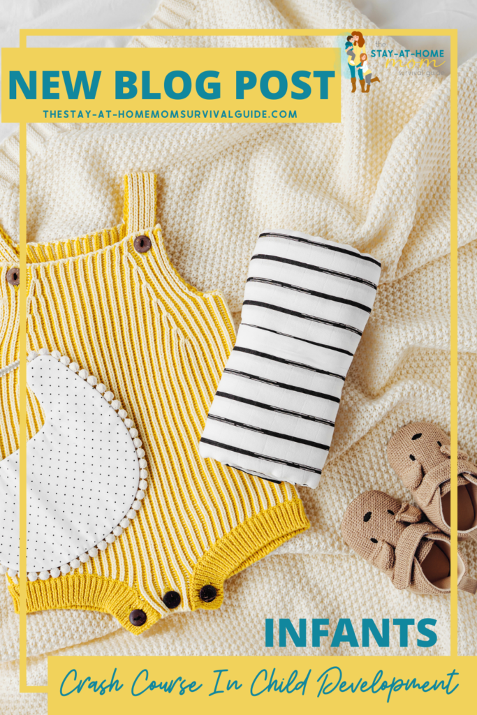 Baby clothes lying on a bed. Text reads infants crash course in child development.