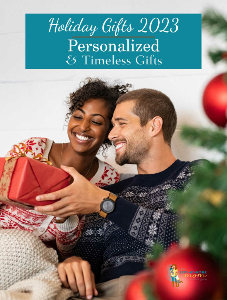 Man and woman smiling and giving gifts. Text reads holiday gifts 2023 personalized and timeless gifts.