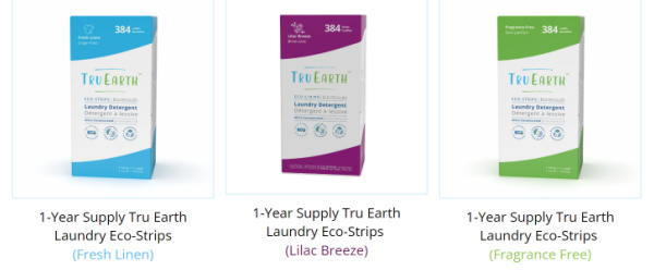 Pictured are three scents of Tru Earth laundry detergent sheets that are a family essential for travel with kids.