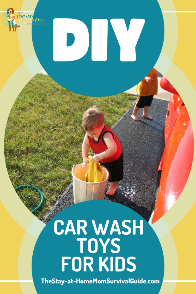Toddler holding a wet rag inside a bucket. Text reads DIY car wash toy for kids.