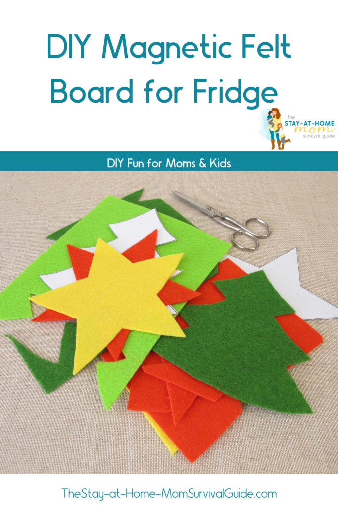 Felt shapes in a pile next to a pair of scissors. Text reads DIY magnetic felt board for fridge.