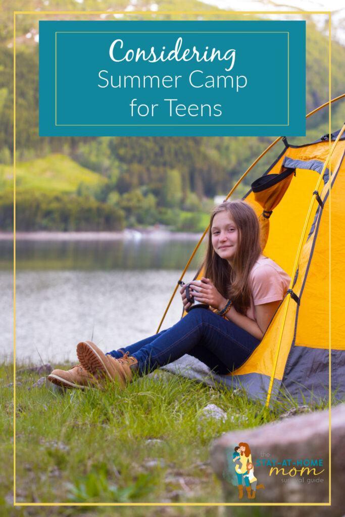 Girl sitting inside a tent with a mug. In the background there is a lake and trees. Text reads Considering summer camp for teens.