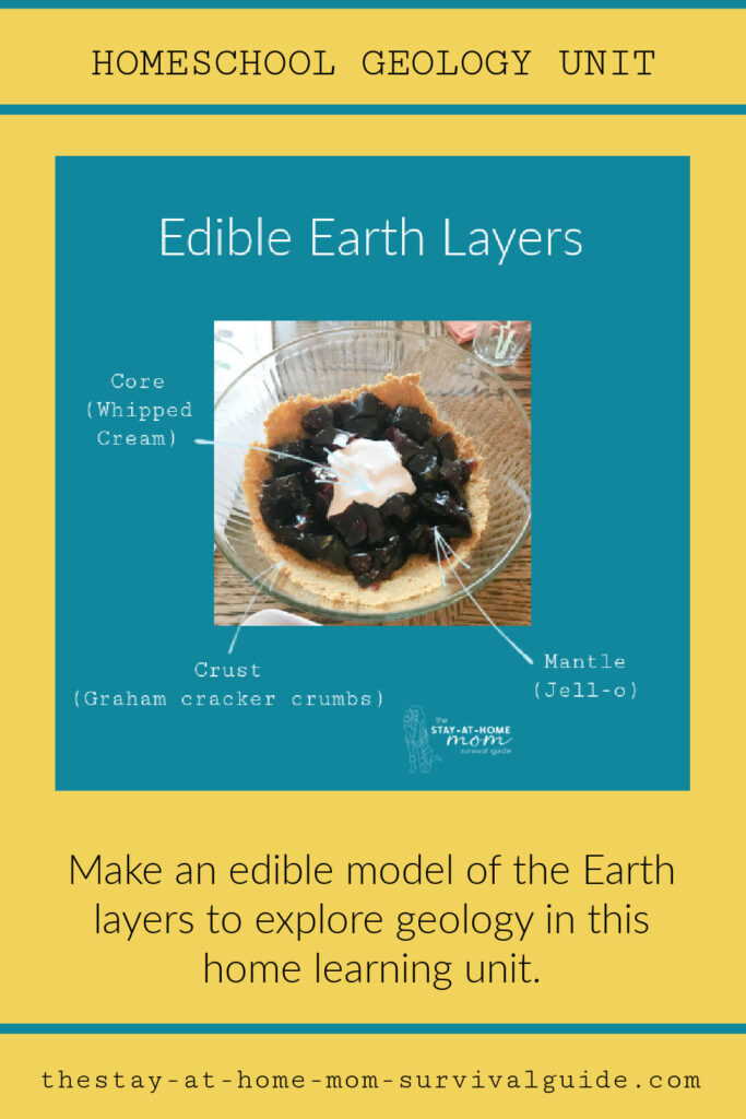 Edible earth layers model shown. Homeschool geology unit.
