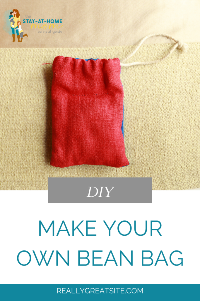 Red, small drawstring bag on table. Text reads DIY make your own bean bags.
