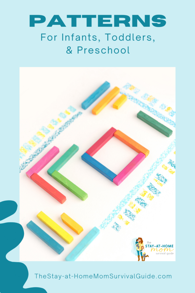 Pattern blocks in varying colors and patterns. Text reads patterns for infants, toddlers and preschool.