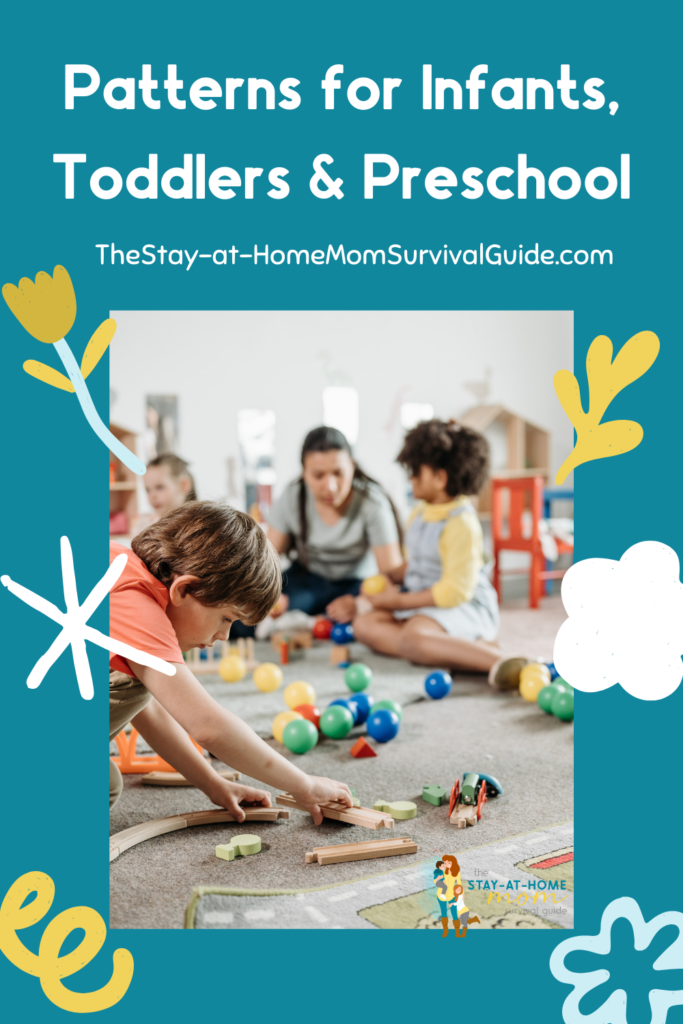Teacher on the floor playing with preschool children. Text reads patterns for infants, toddlers and preschool. DIY patterning activities are discussed and also the learning benefits of patterning.
