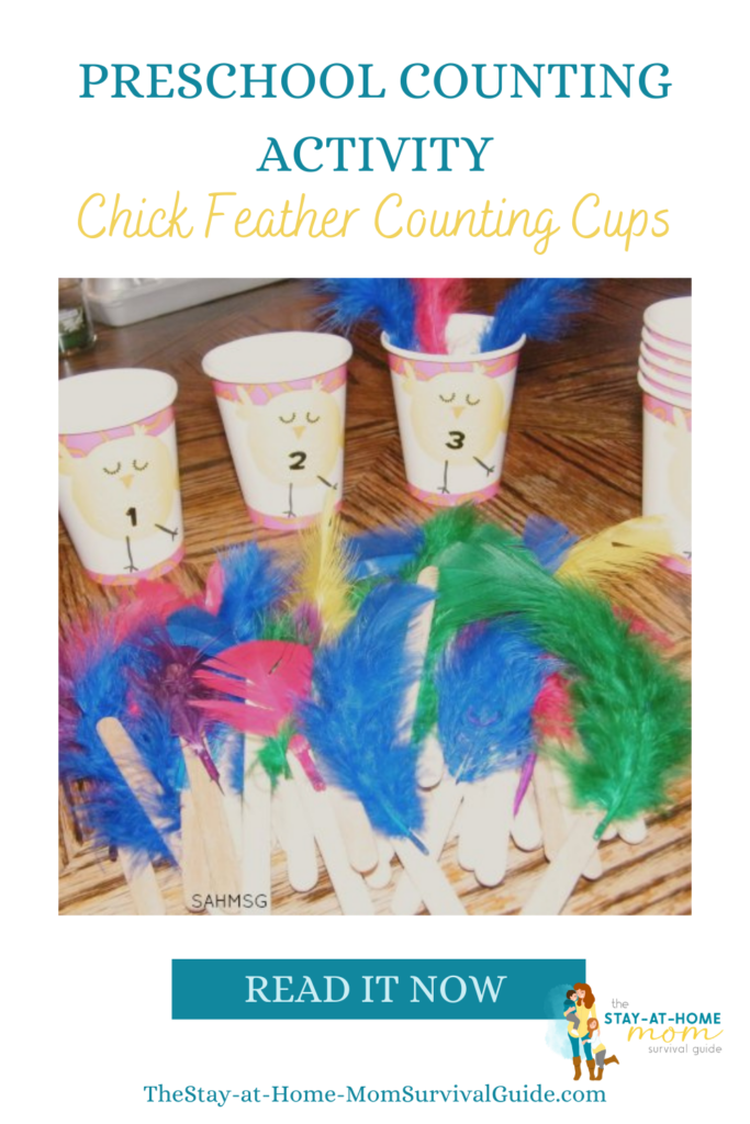 Paper cups with images of chicks on them and colored feather laying in a pile on a table. Text reads preschool counting activity chick feather counting cups.