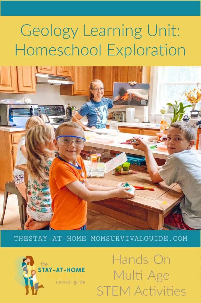 Mom reading to four children in the kitchen, kids are prepped for a hands-on activity about geology.