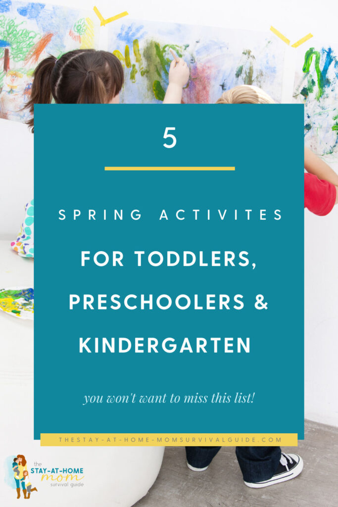 Two children painting a large piece of paper hung on the wall. Text reads 5 spring activities for toddlers, preschoolers and kindergarten.