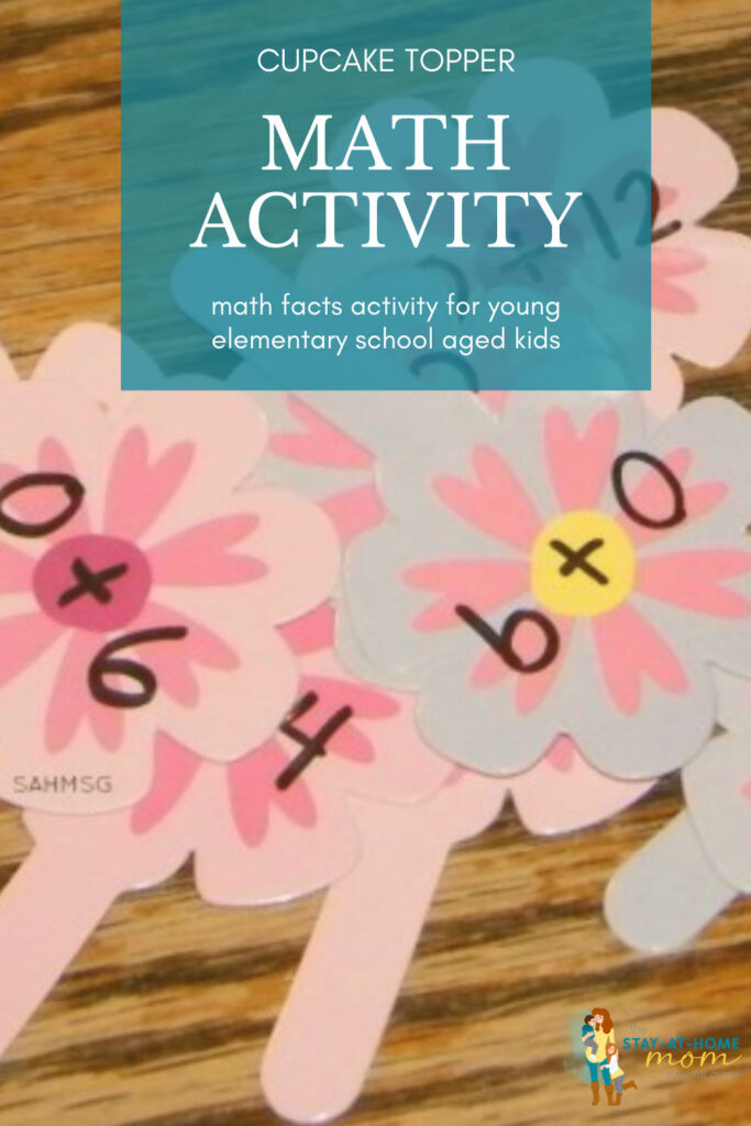 Cupcake toppers with math facts written on them. Text reads cupcake topper math activity math facts activity for young elementary aged kids.