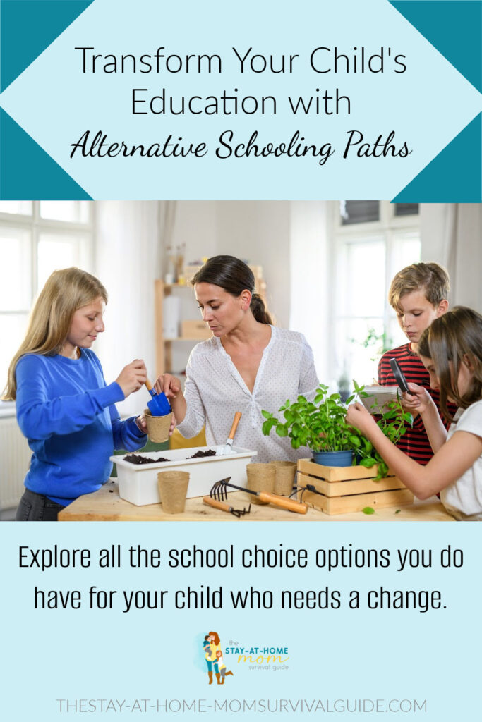 Mom and three children gathered around a table planting plants as part of their homeschool. Text reads transform your child's education with alternative schooling paths.