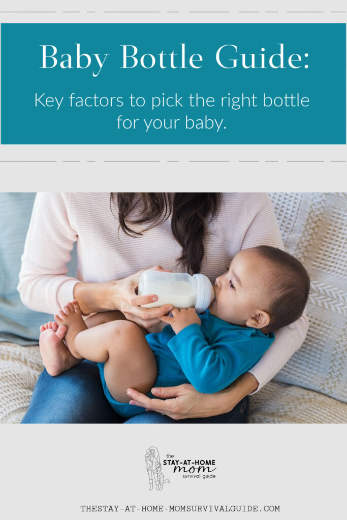 Mom holding baby in her lap while bottle feeding him. Text reads baby bottle guide: key factors to pick the right bottle for your baby.