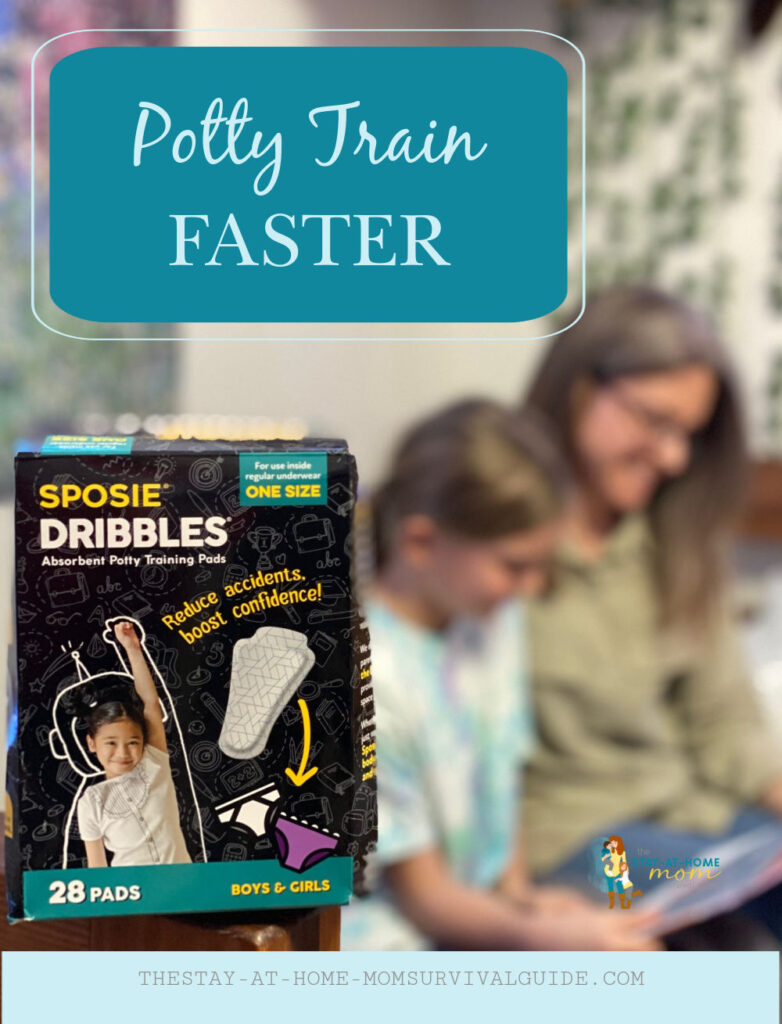 Mom and daughter reading a bedtime story in the background with Sposie Dribbles potty training pads in the foreground. Text reads potty train faster.