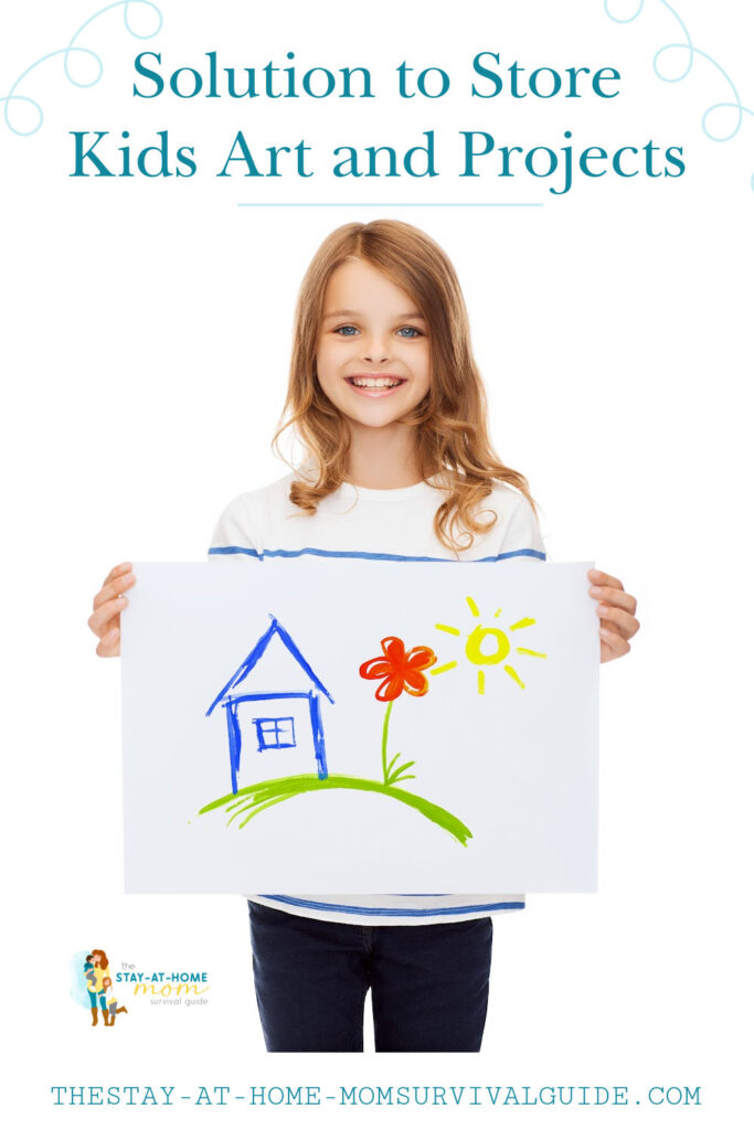 Girl holding a picture she drew, smiling for the camera. Text reads, solution to store kids art and projects.
