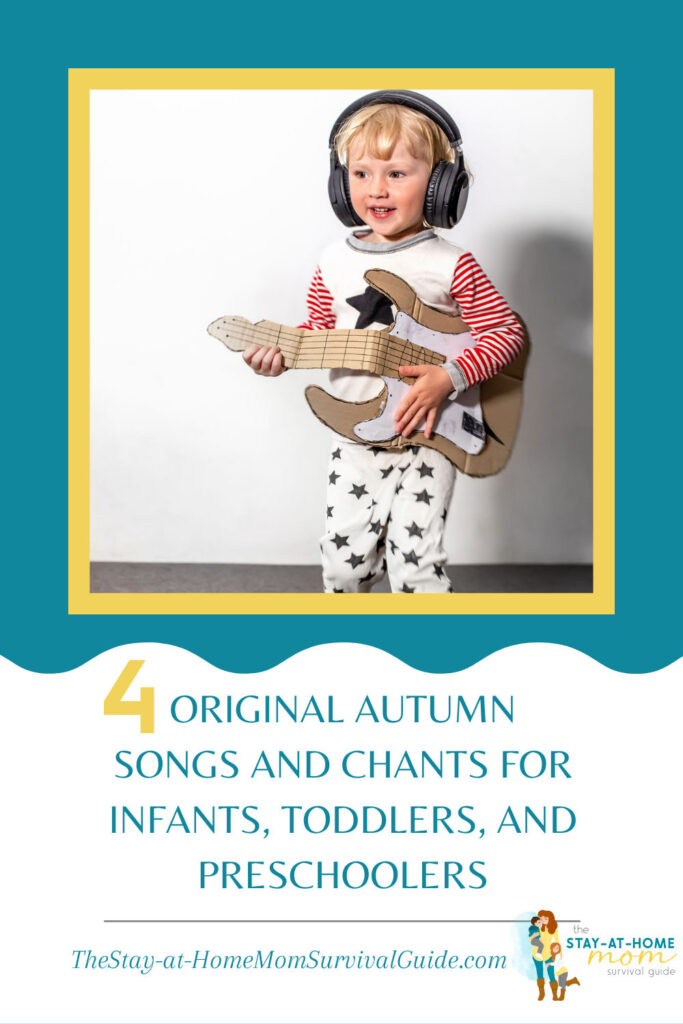 Boy playing a cardboard guitar. Text reads 4 autumn songs and chants for children of all ages. 