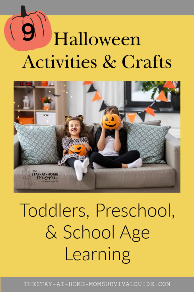 Two children in costumes seated on the couch with jack o'lanters in their laps. Text reads 9 Halloween activities and crafts for toddlers preschool and school age.