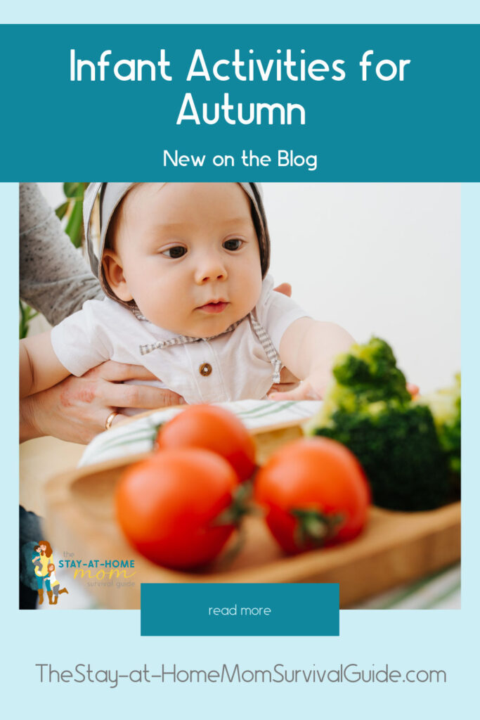 Baby looking at natural items on a highchair tray for sensory play. Text reads infant activities for autumn new on the blog.