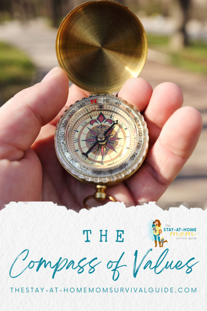 Close up image of a hand holding a compass. Text reads The Compass of Values.