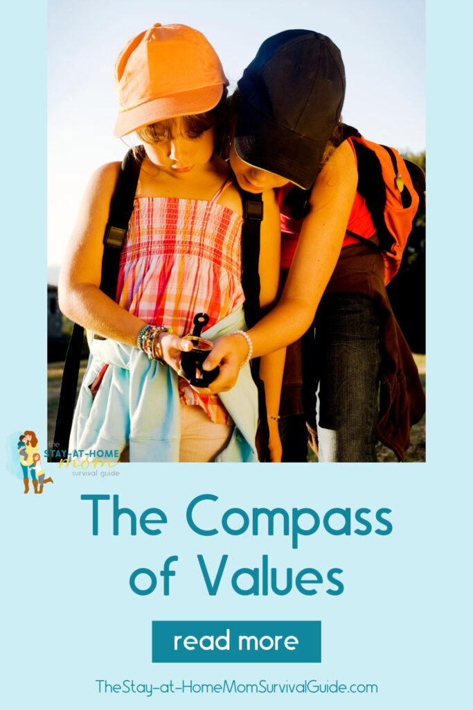 Two girls looking down at a handheld compass. Text reads The Compass of Values.