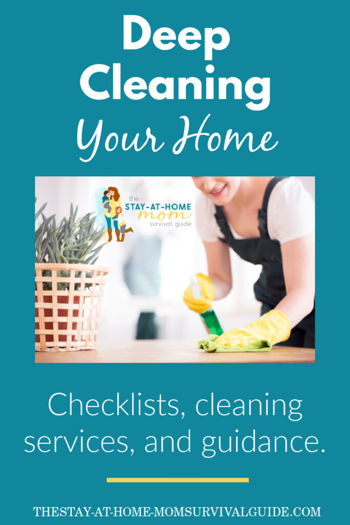 Woman with a spray bottle, gloves and a rag cleaning surfaces in her home. Text reads deep cleaning your home with checklists, cleaning services and guidance included.