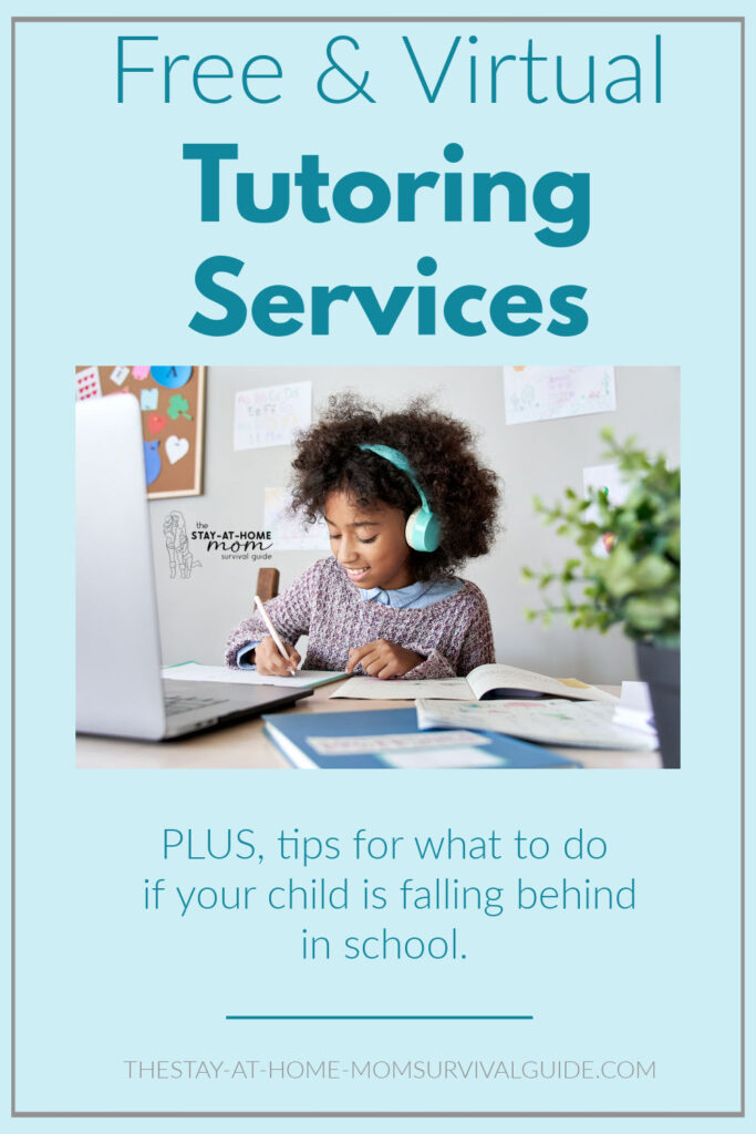 Child wearing headphones is seated at a computer working on school work. Text reads free and virtual tutoring services plus tips for what to do if your child is falling behind in school.