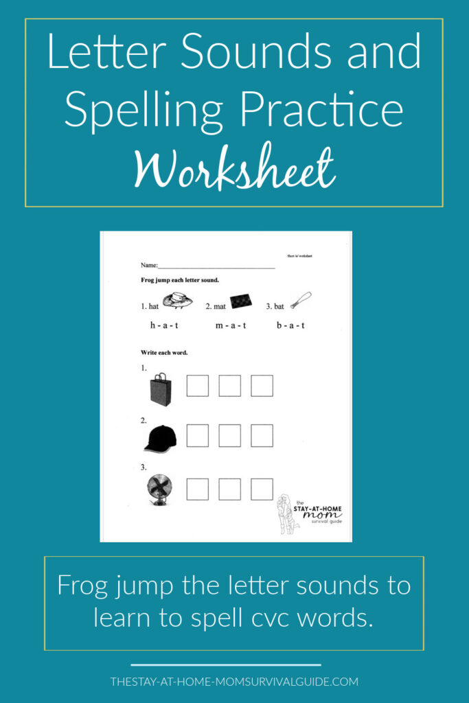 Worksheet image shown. Text reads letter sounds and spelling practice worksheet. Learn to spell cvc words.