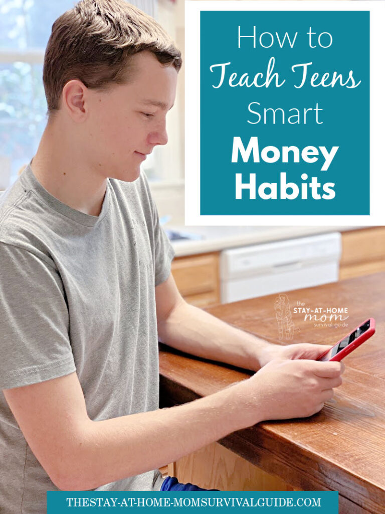 Teen boy looking at a phone. Text reads how to teach teens smart money habits.
