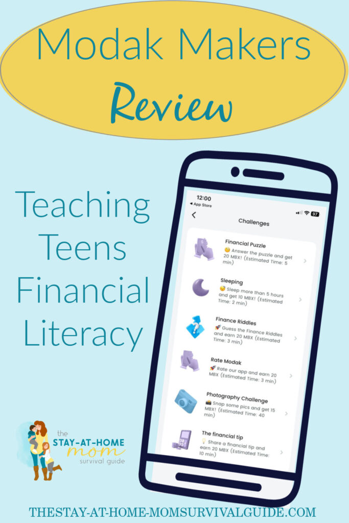 Cell phone graphic showing a screenshot of the Modak app. Text reads Modak Makers review teaching teens financial literacy.