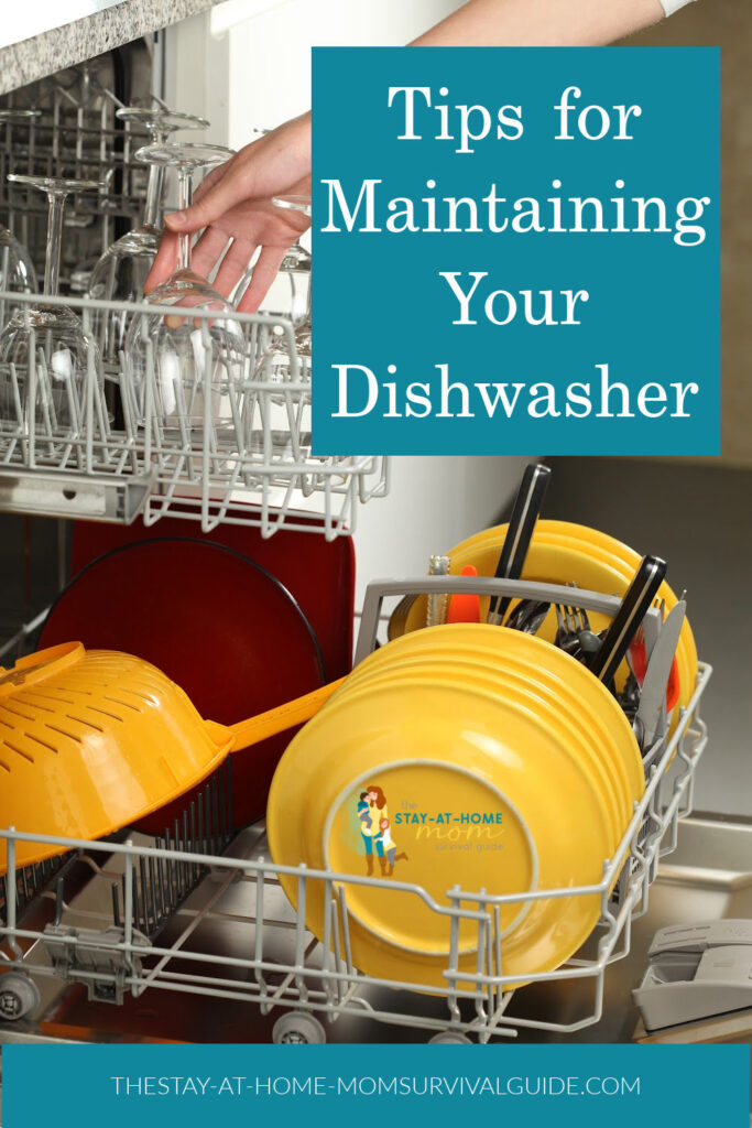 Dishes in a dishwasher drawer. Text reads tips for maintaining your dishwasher.