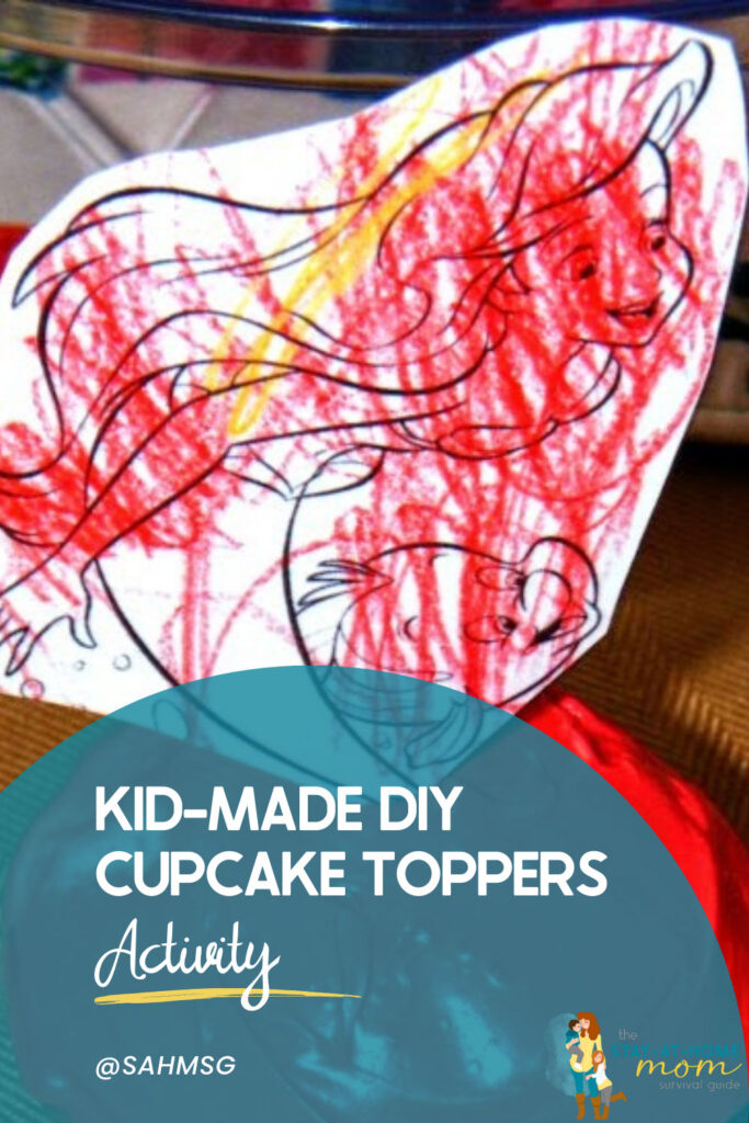 Ariel coloring page turned into a DIY kid made cupcake topper for kids birthday.
