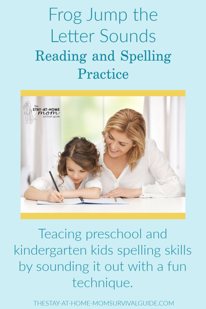 Mom seated with daughter; daughter is completing a worksheet. Text reads frog jump letter sounds reading and spelling practice CVC worksheet.