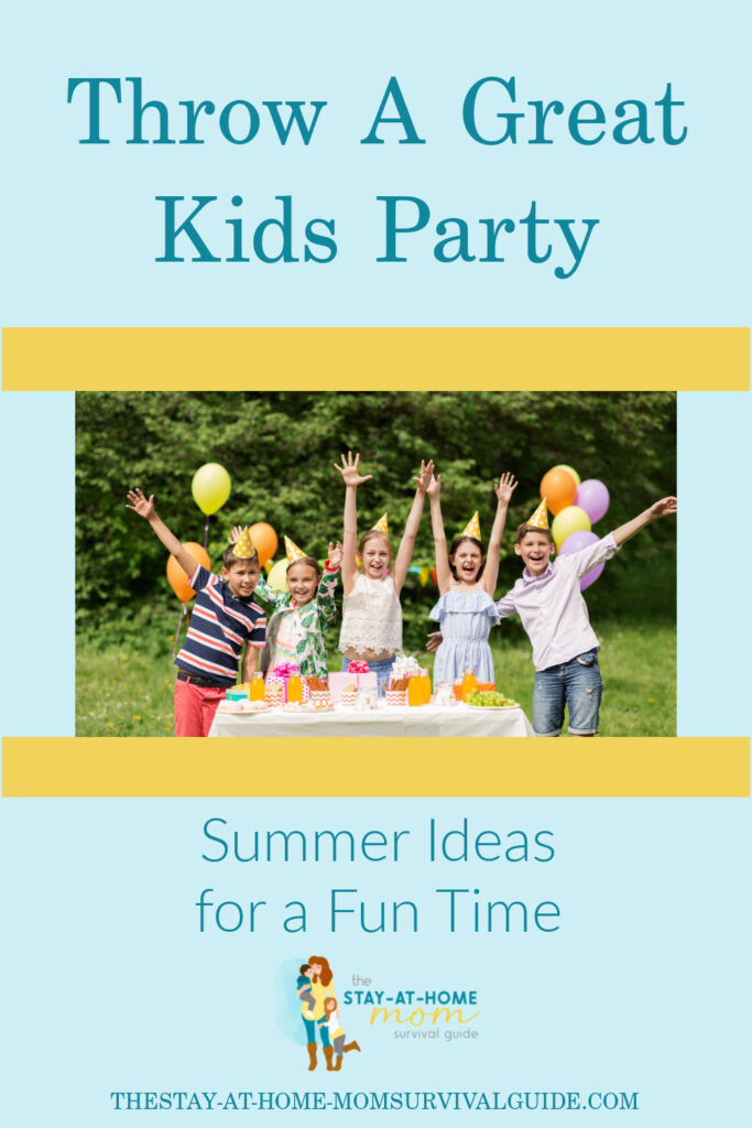 How to throw a great kids party this summer. Picture shows kids at a birthday party smiling with party hats on and enjoying outdoor fun.