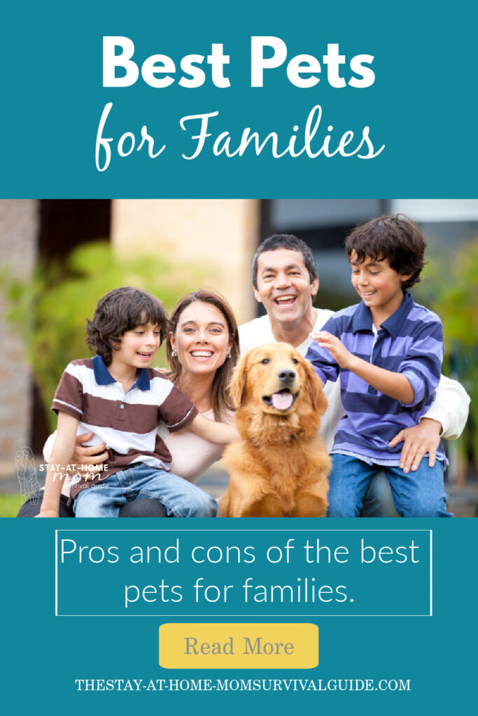 Family with their dog. Text reads Best pets for families: pros and cons of the best pets for families.