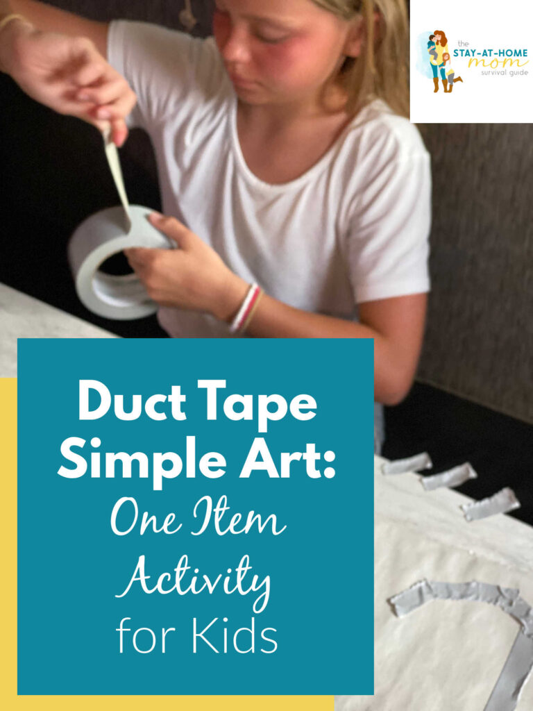 Child pulling a piece of duct tape off a roll. Text reads duct tape art: one item activity for kids.