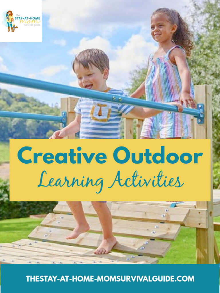 A girl and a boy walking on a playground bridge. Text reads creative outdoor learning activities.