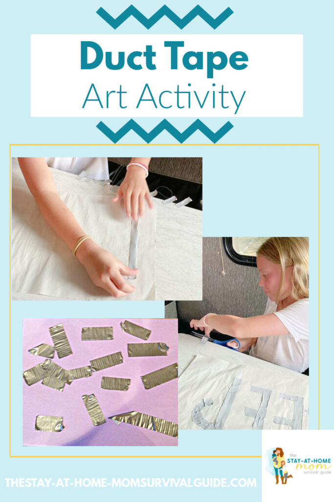 Multiple pictures showing the process for creating duct tape pictures process art activity for kids using one item.