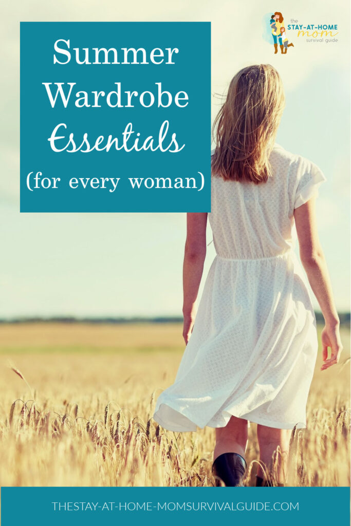Woman in a sundress walking through a field at sunset. Text reads summer wardrobe essentials for every woman.