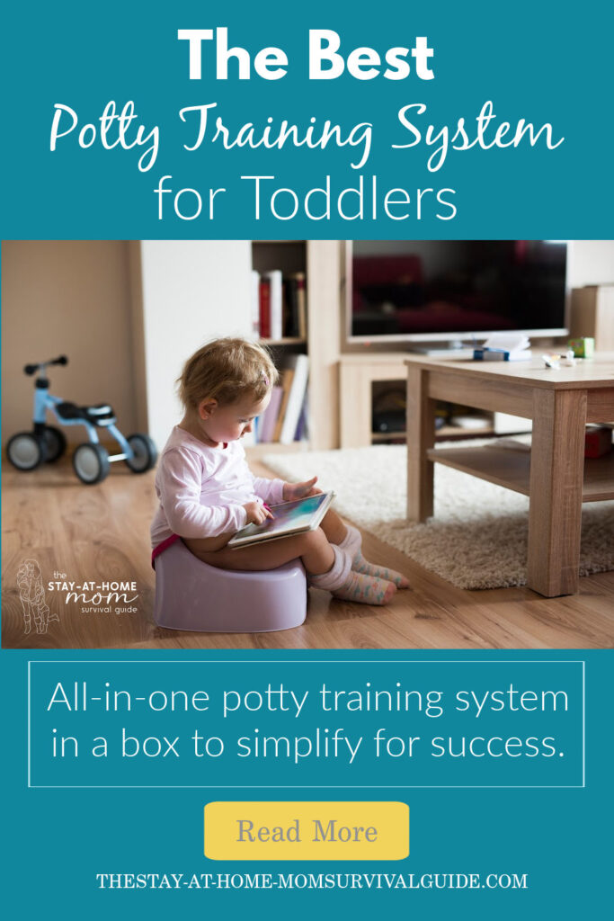 Child sitting on training potty, reading a book. Text reads the best potty training system for toddlers all in one potty training system in a box to simplify for success.
