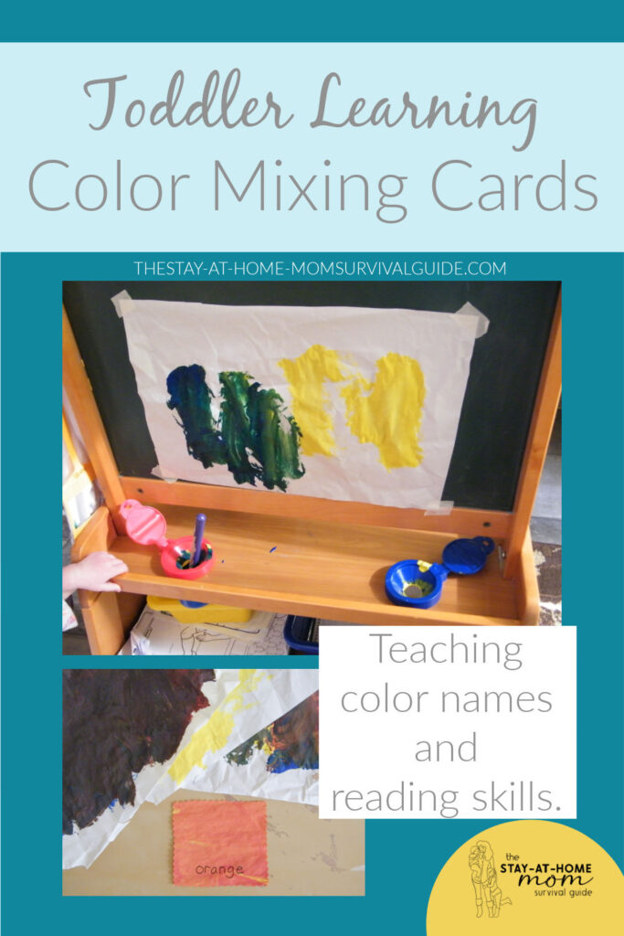 Photos of an easel and a finished color mixing card made by toddler paintings to teach color names and reading skills.